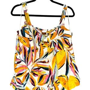 C&C California Multicolor Tropical Leaf Print Button Up Linen Tank Top